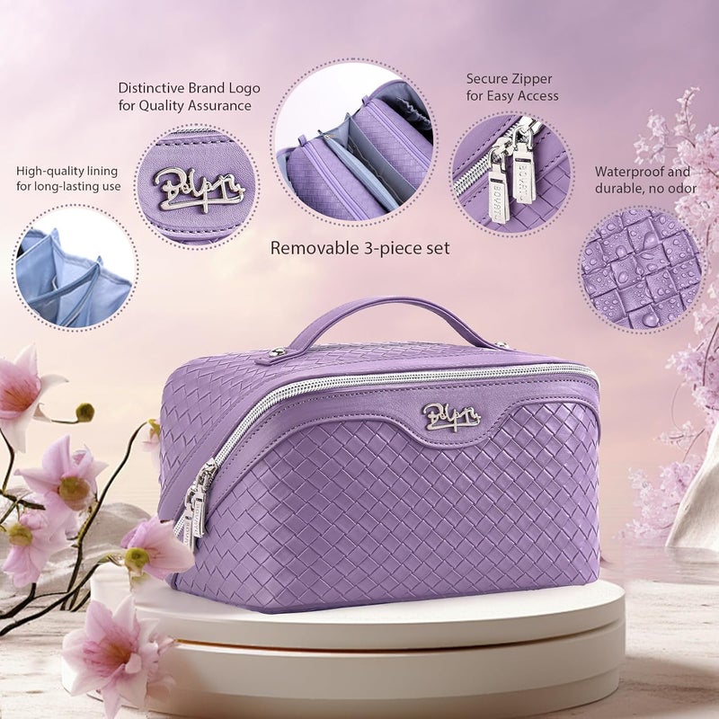 BOYATU Travel Makeup Bag Cosmetic Bags for Women: Large Capacity 3 Pcs Set Make up Bag with Compartments - Waterproof Vegan Leather Toiletry Organizer Bags with Handle (L01 Purple) - Image 2